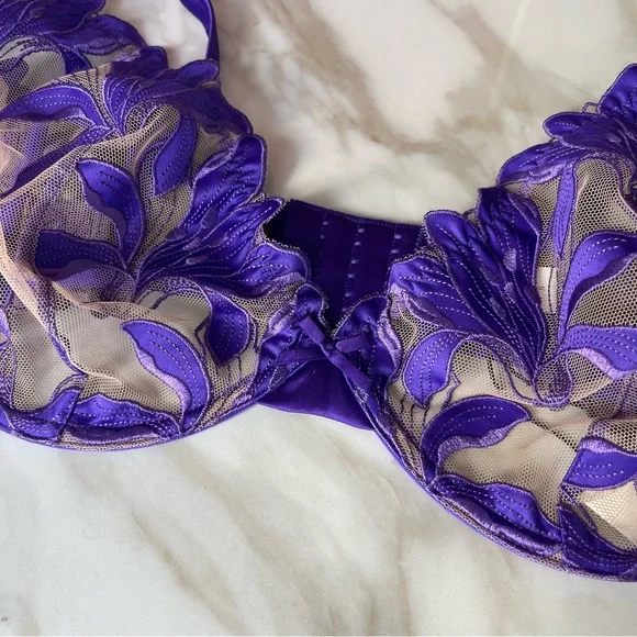 NWT Fleur Du Mal Purple Pansy Embroidery Plunge Silk Demi Bra 36G